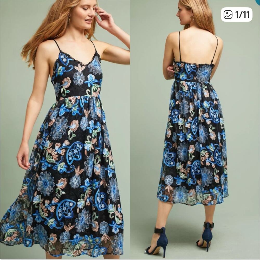 Anthropologie Eli & Ali Embroidered Marlene Floral Midi Dress Blue SZ S
